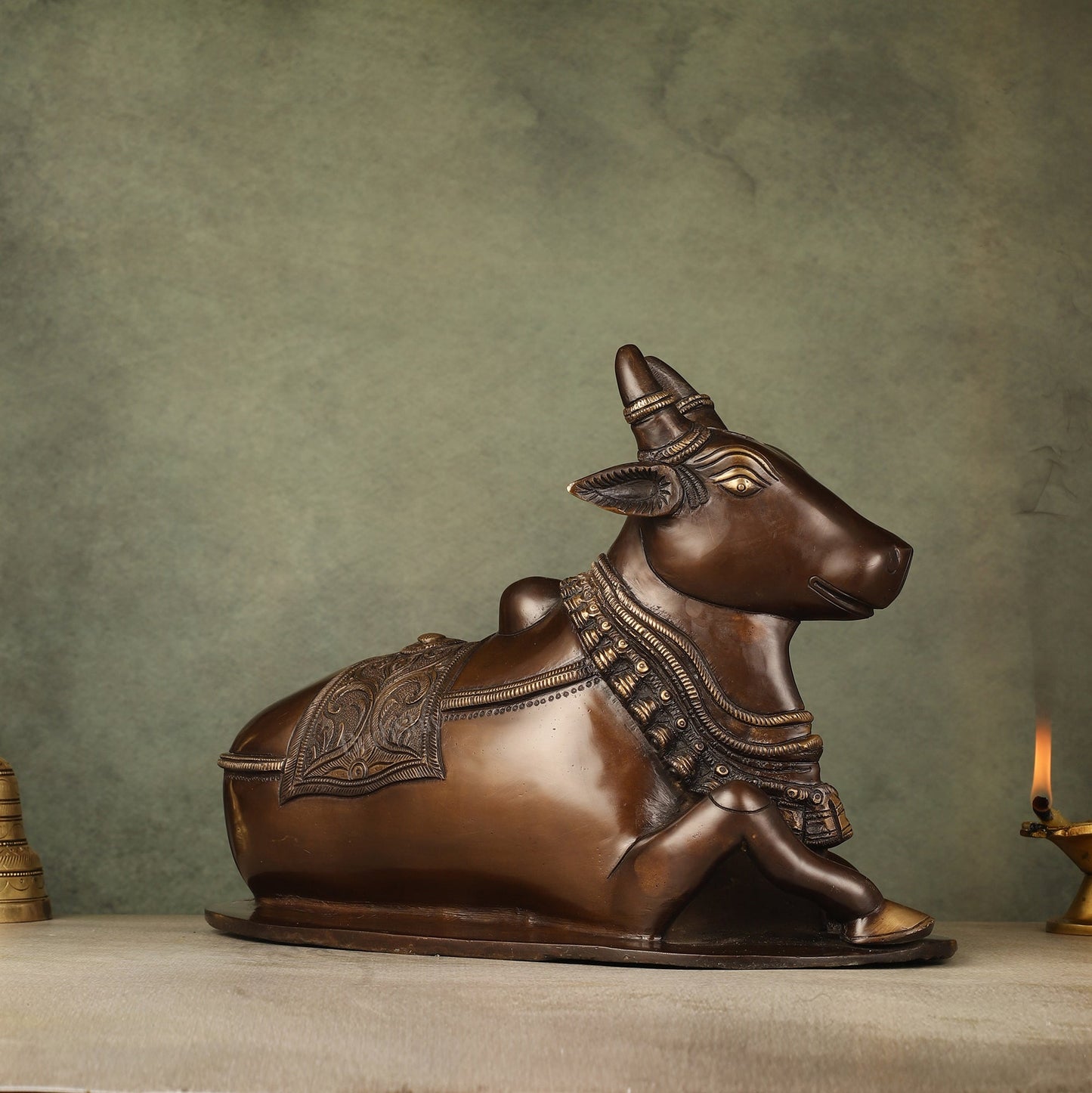 Pure Brass Nandi Idol with Antique Finish - 9.5 inch