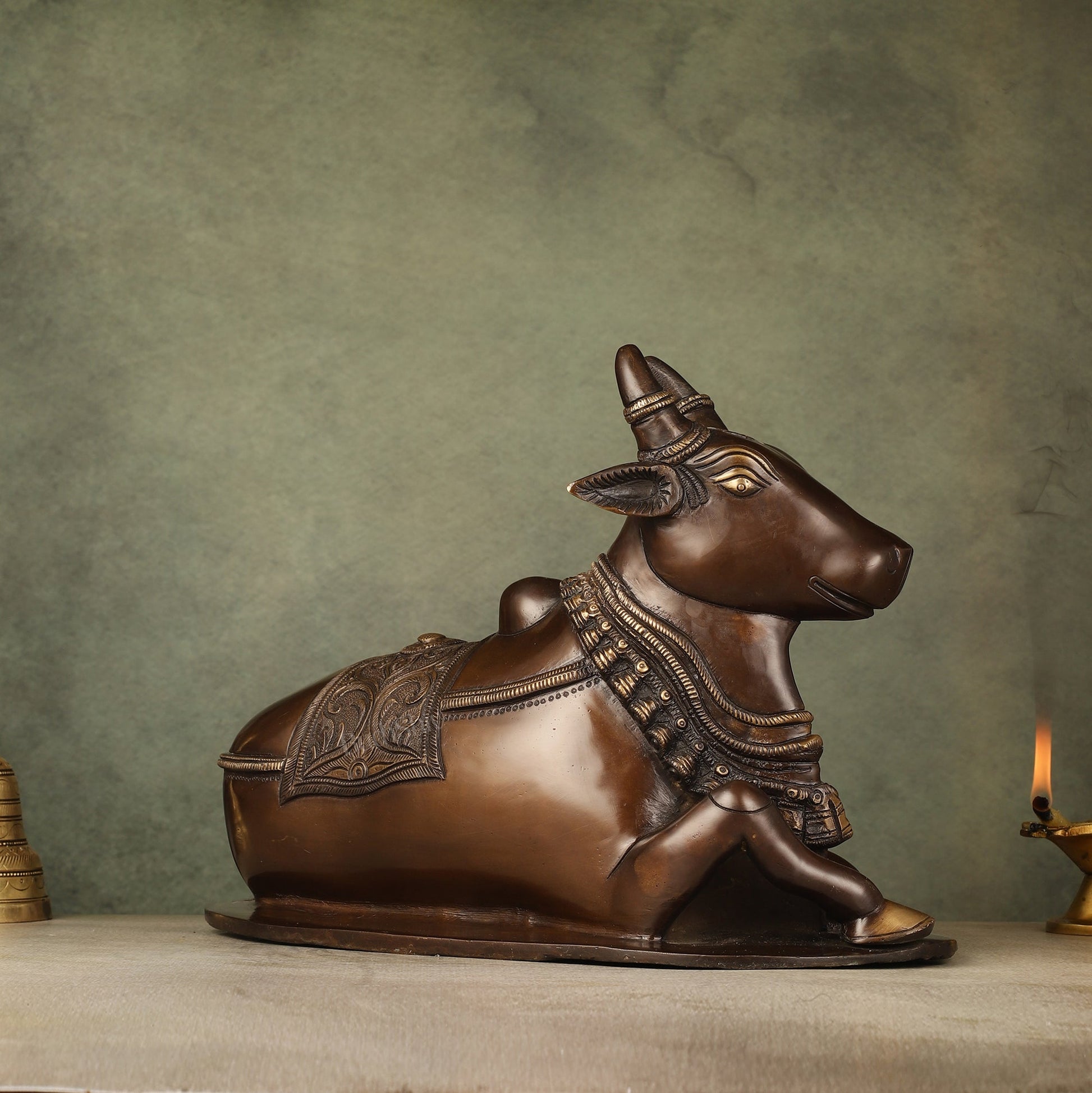 Pure Brass Nandi Idol with Antique Finish - 9.5 inch