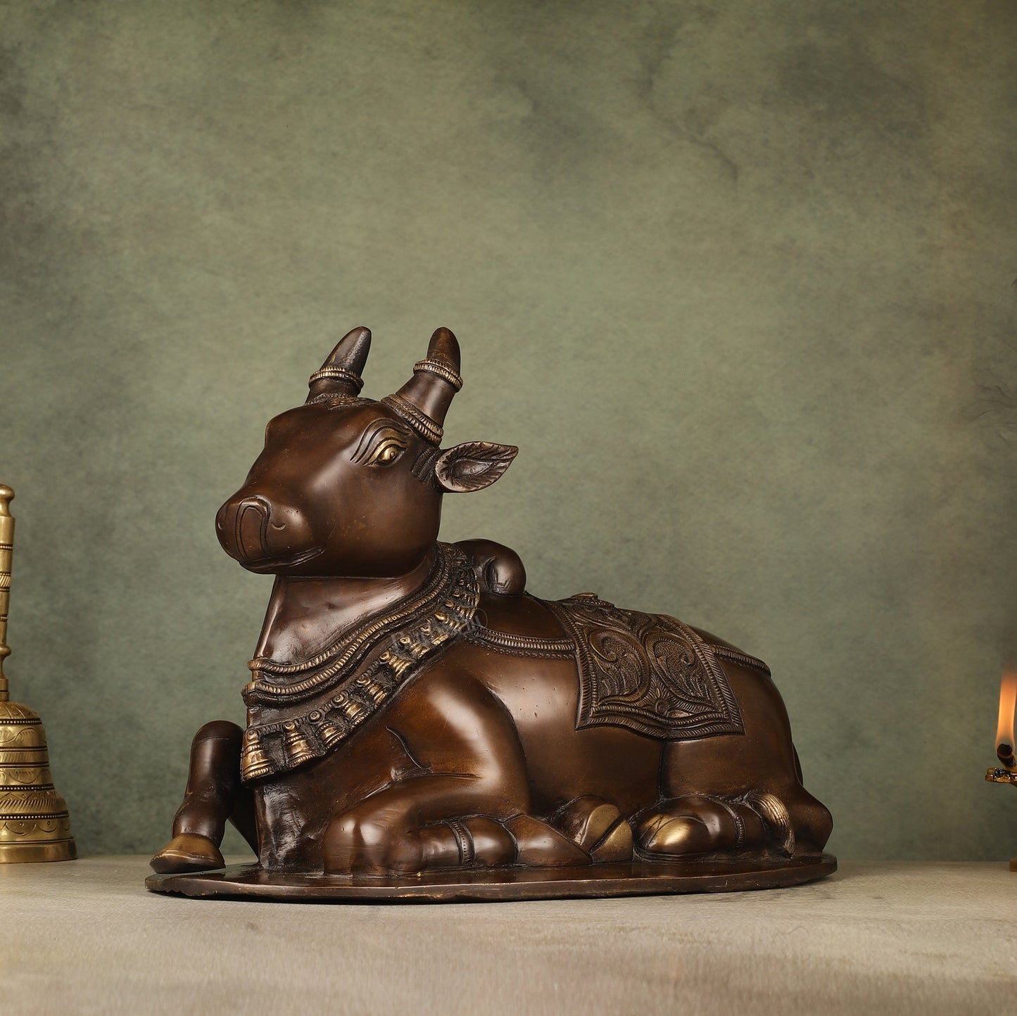 Pure Brass Nandi Idol with Antique Finish - 9.5 inch