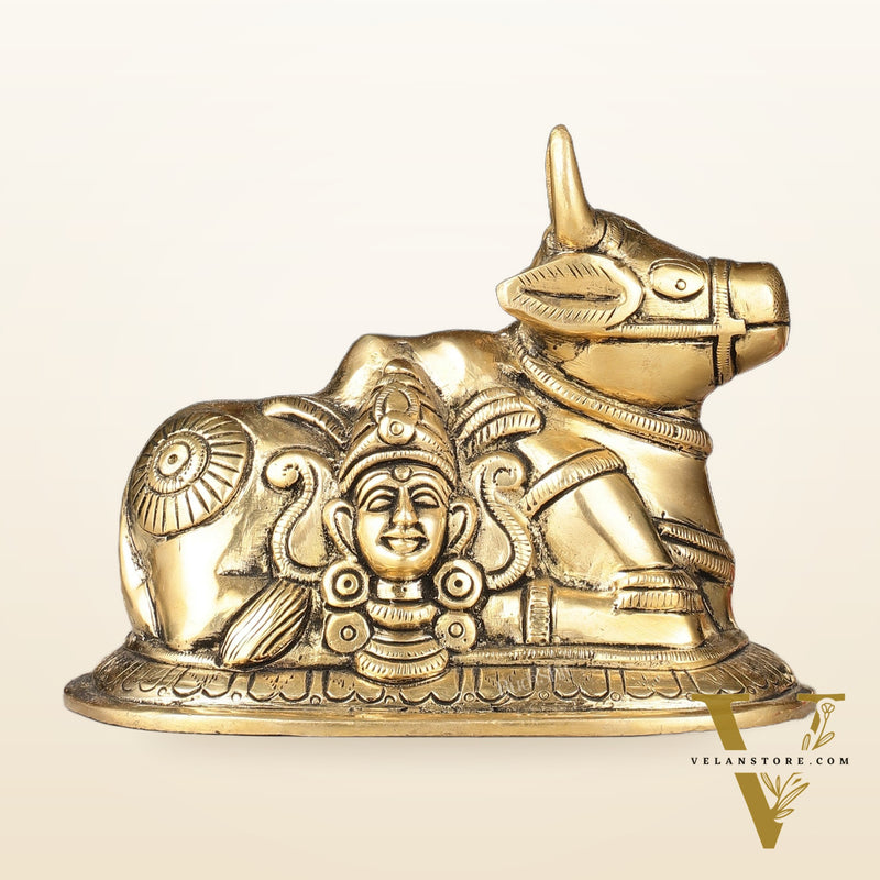 Pure Brass Nandi Idol with Shiv Gauri Carving 6"