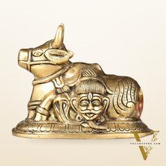 Pure Brass Nandi Idol with Shiv Gauri Carving 6"