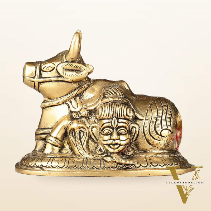 Pure Brass Nandi Idol with Shiv Gauri Carving 6"