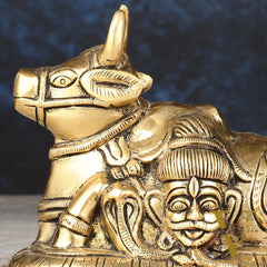 Pure Brass Nandi Idol with Shiv Gauri Carving 6"