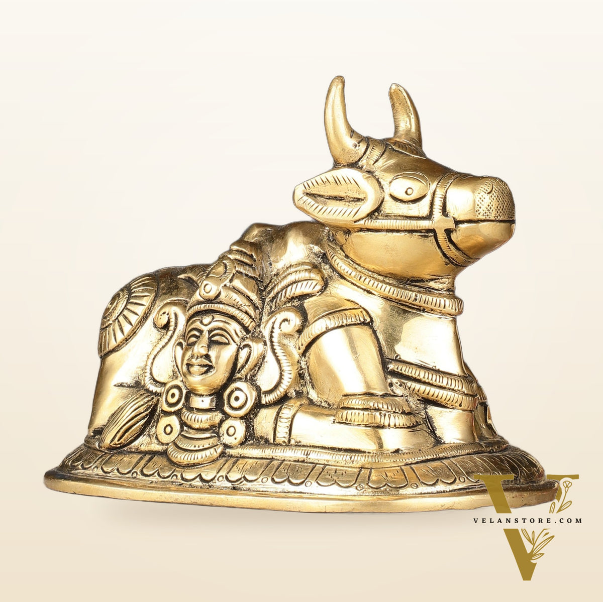 Pure Brass Nandi Idol with Shiv Gauri Carving 6"