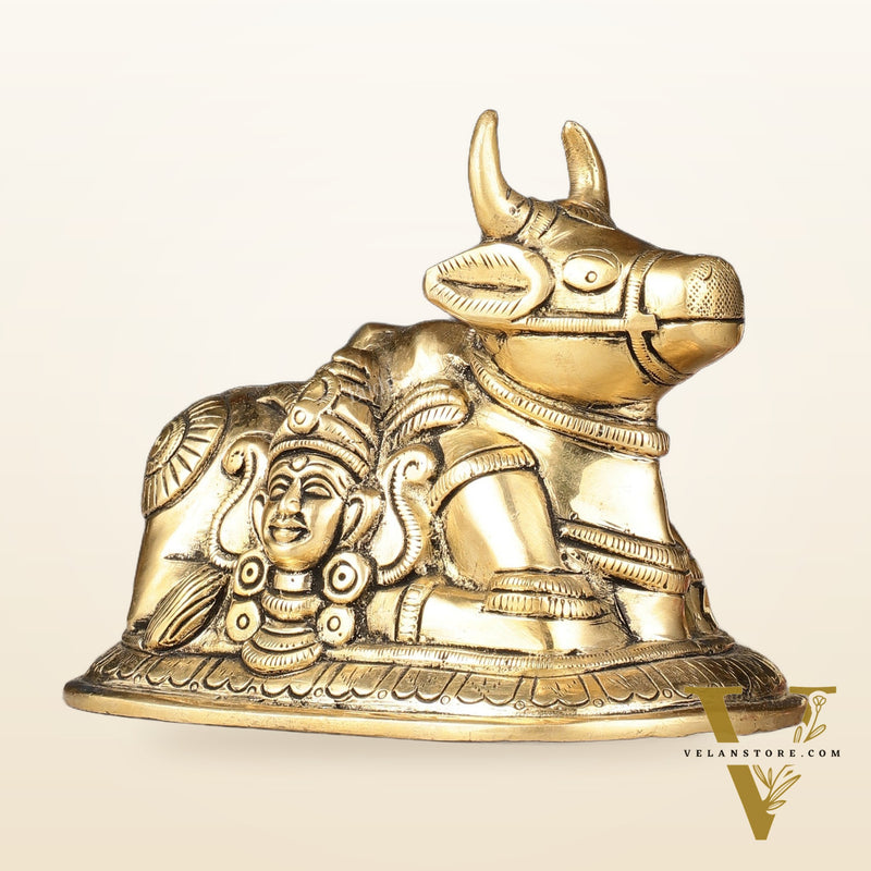 Pure Brass Nandi Idol with Shiv Gauri Carving 6"
