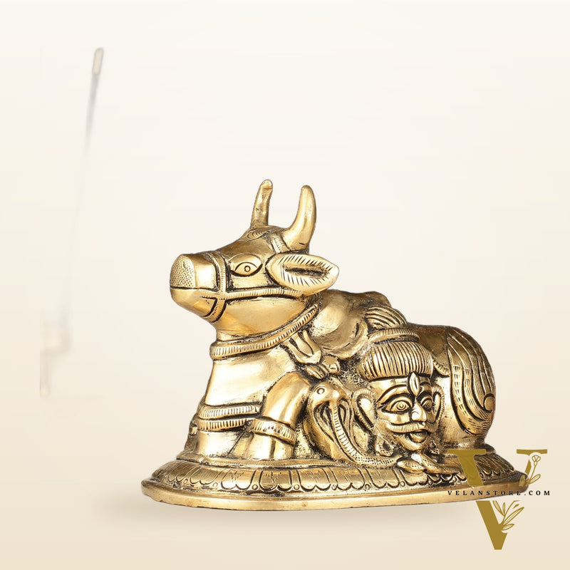 Pure Brass Nandi Idol with Shiv Gauri Carving 6"