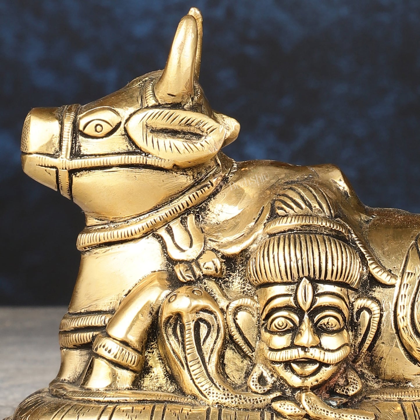 Pure Brass Nandi Idol with Shiv Gauri Carving 6"