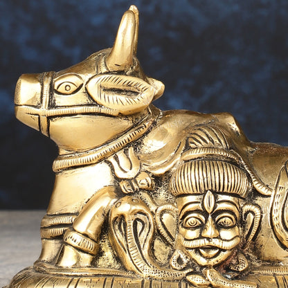 Pure Brass Nandi Idol with Shiv Gauri Carving 6"