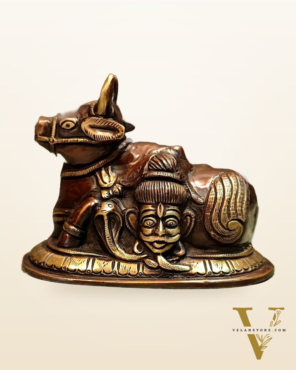 Pure Brass Nandi Idol with Shiv Gauri engraved 6"
