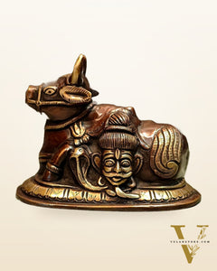 Pure Brass Nandi Idol with Shiv Gauri engraved 6"