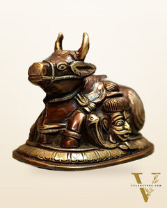 Pure Brass Nandi Idol with Shiv Gauri engraved 6"