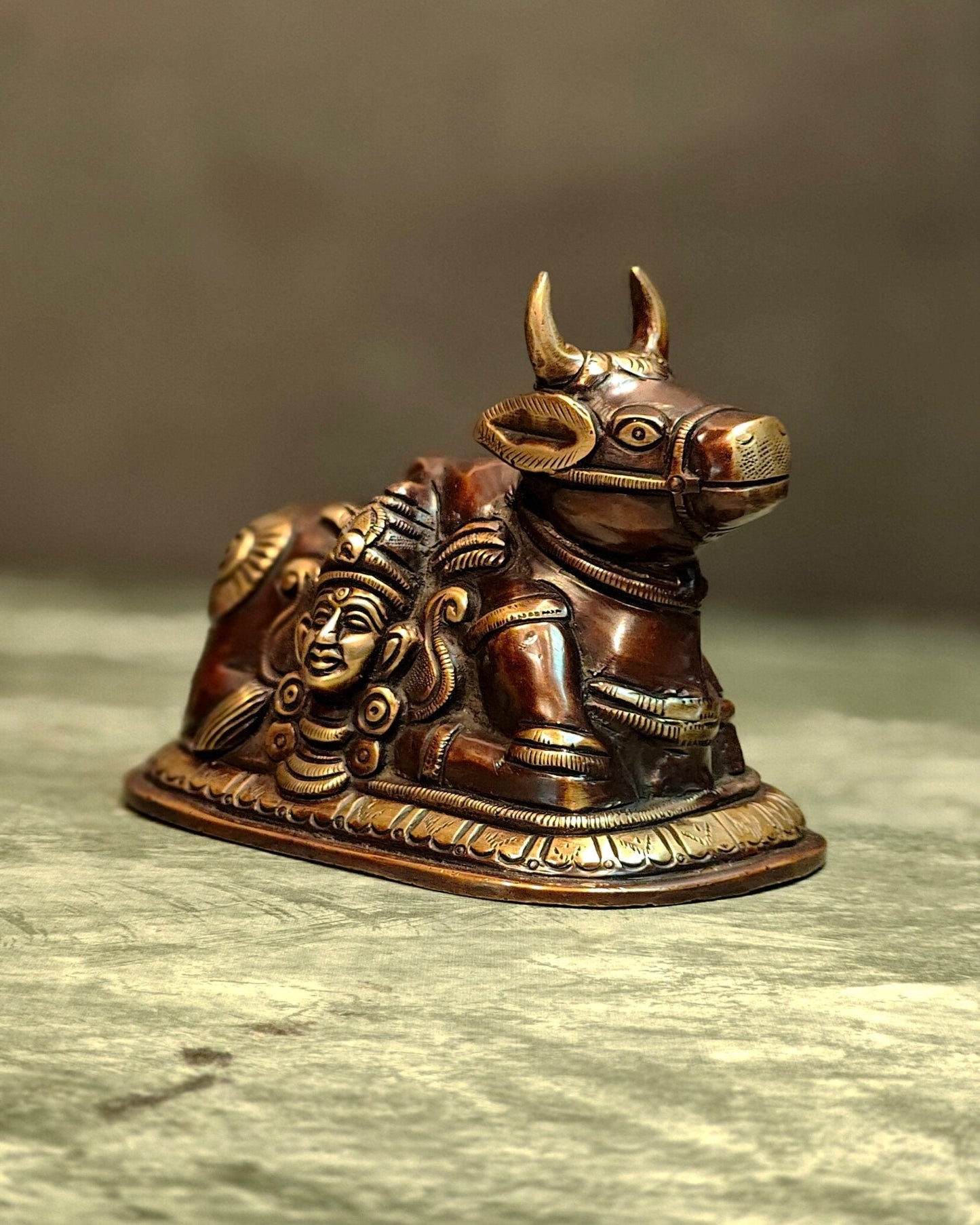 Pure Brass Nandi Idol with Shiv Gauri engraved 6"