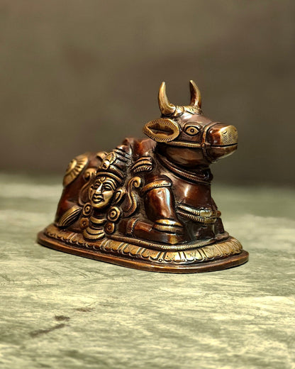 Pure Brass Nandi Idol with Shiv Gauri engraved 6"