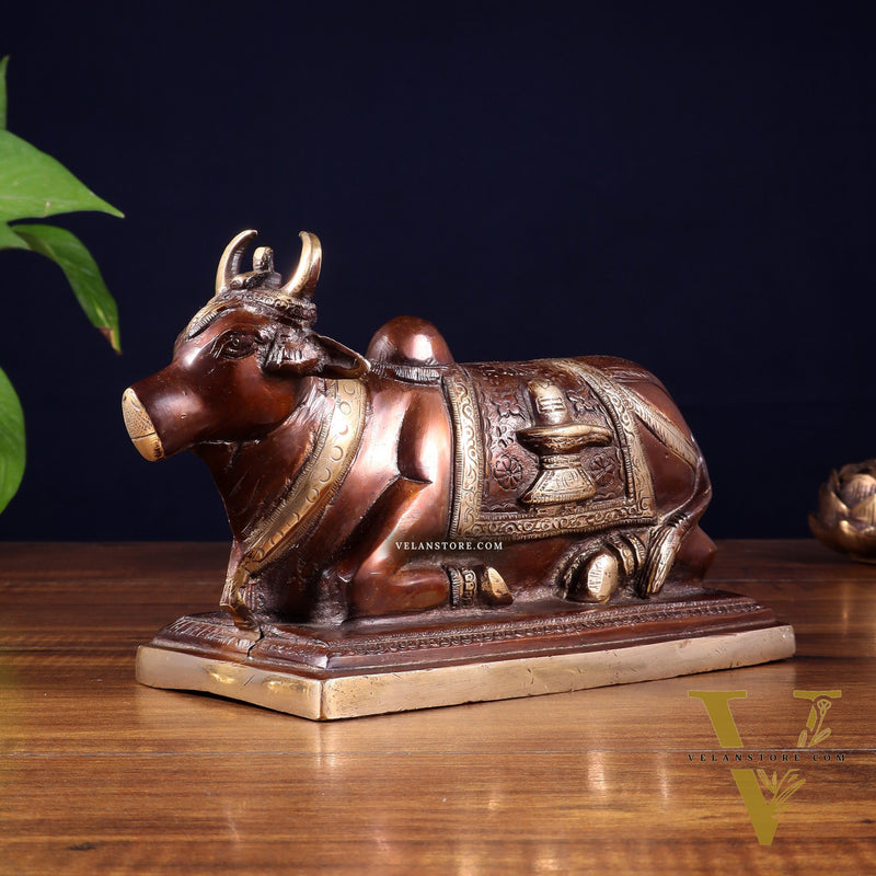 Pure Brass Nandi Statue with Shiva Lingam and vasuki Carvings – Copper Tone Finish 8.2"