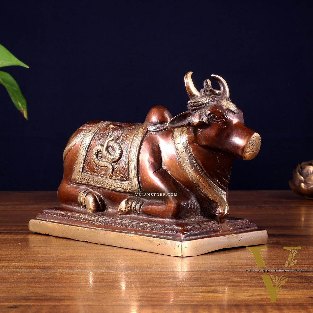 Pure Brass Nandi Statue with Shiva Lingam and vasuki Carvings – Copper Tone Finish 8.2"