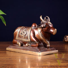 Pure Brass Nandi Statue with Shiva Lingam and vasuki Carvings – Copper Tone Finish 8.2"