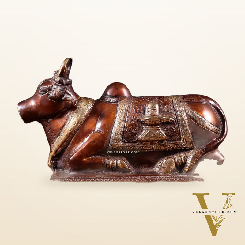 Pure Brass Nandi Statue with Shiva Lingam and vasuki Carvings – Copper Tone Finish 8.2"