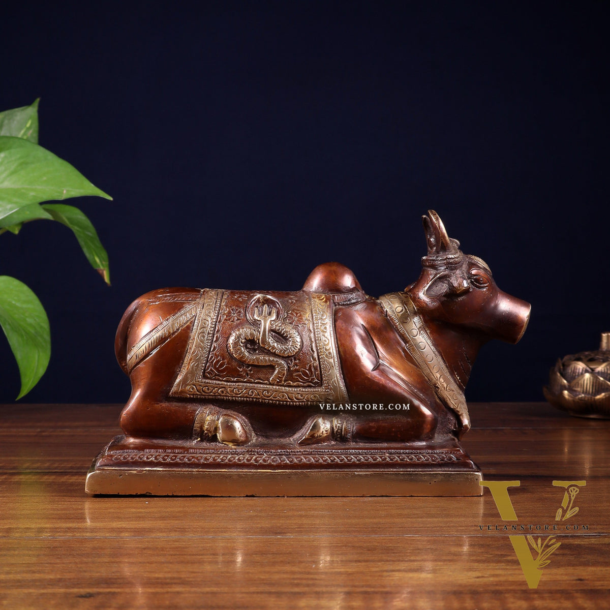 Pure Brass Nandi Statue with Shiva Lingam and vasuki Carvings – Copper Tone Finish 8.2"
