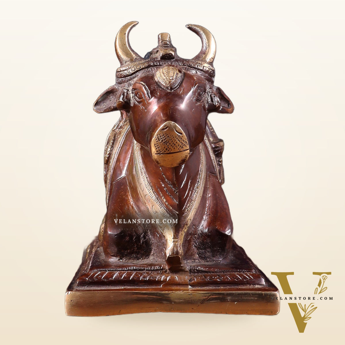 Pure Brass Nandi Statue with Shiva Lingam and vasuki Carvings – Copper Tone Finish 8.2"