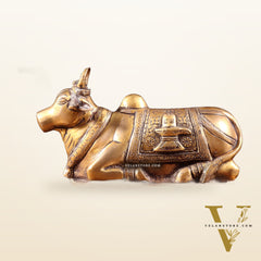 Pure Brass Nandi Statue with Shiva Lingam & Vasuki Carvings – Antique Burnt Brass Finish 8.2"