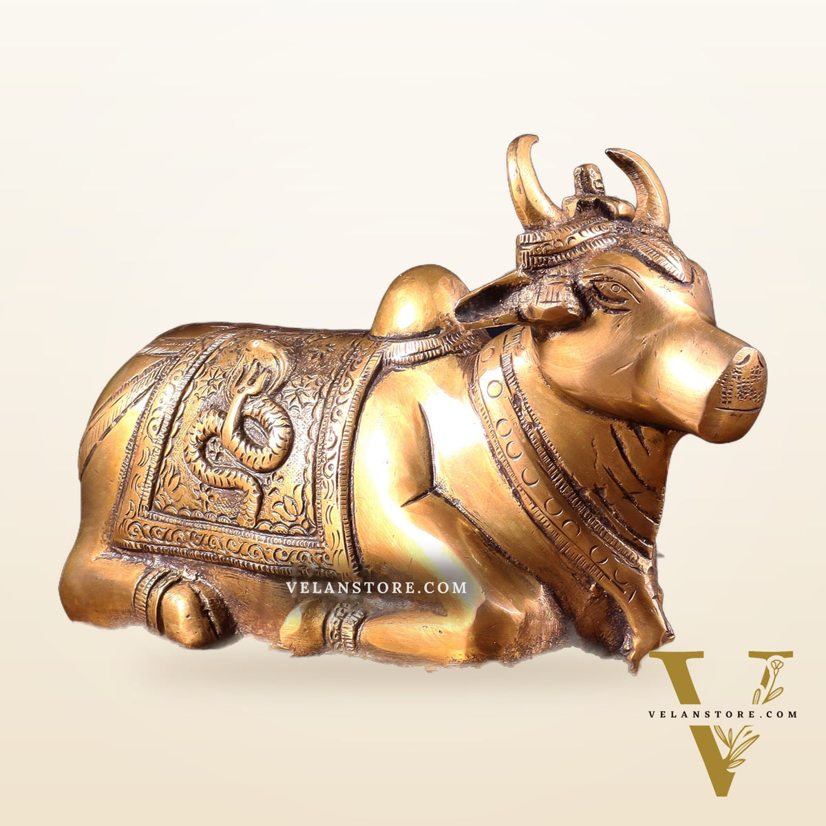 Pure Brass Nandi Statue with Shiva Lingam & Vasuki Carvings – Antique Burnt Brass Finish 8.2"