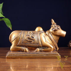 Pure Brass Nandi Statue with Shiva Lingam & Vasuki Carvings – Antique Burnt Brass Finish 8.2"
