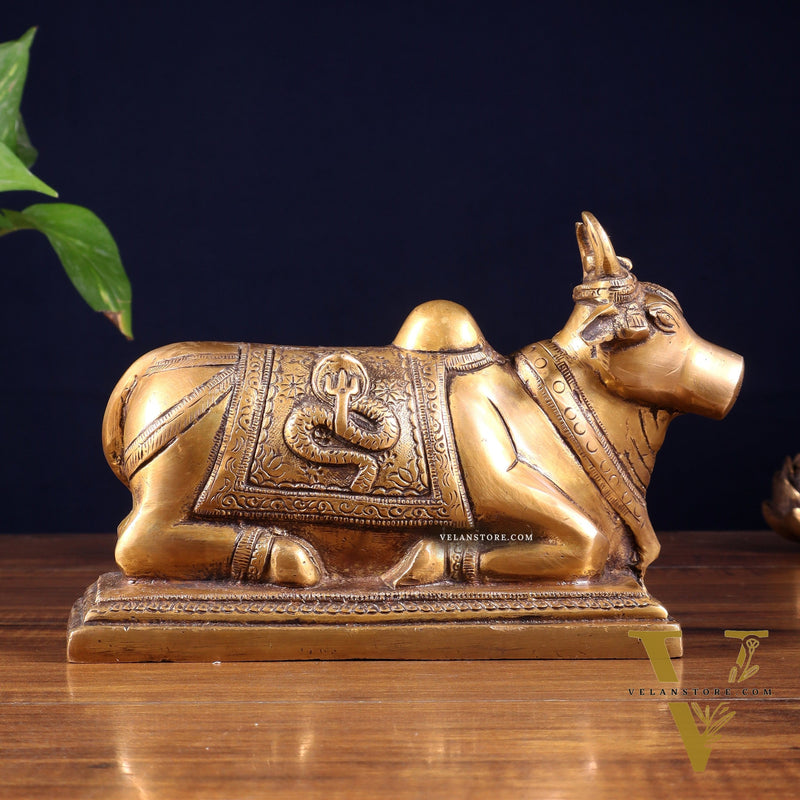 Pure Brass Nandi Statue with Shiva Lingam & Vasuki Carvings – Antique Burnt Brass Finish 8.2"