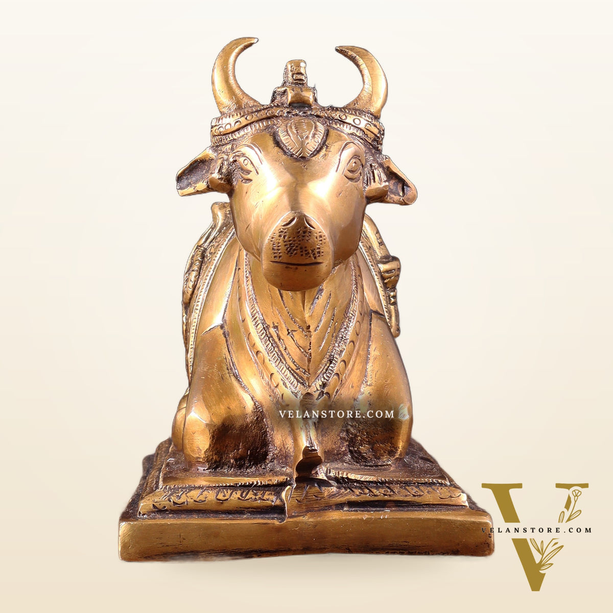 Pure Brass Nandi Statue with Shiva Lingam & Vasuki Carvings – Antique Burnt Brass Finish 8.2"
