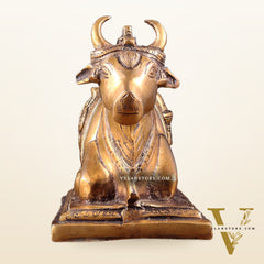 Pure Brass Nandi Statue with Shiva Lingam & Vasuki Carvings – Antique Burnt Brass Finish 8.2"