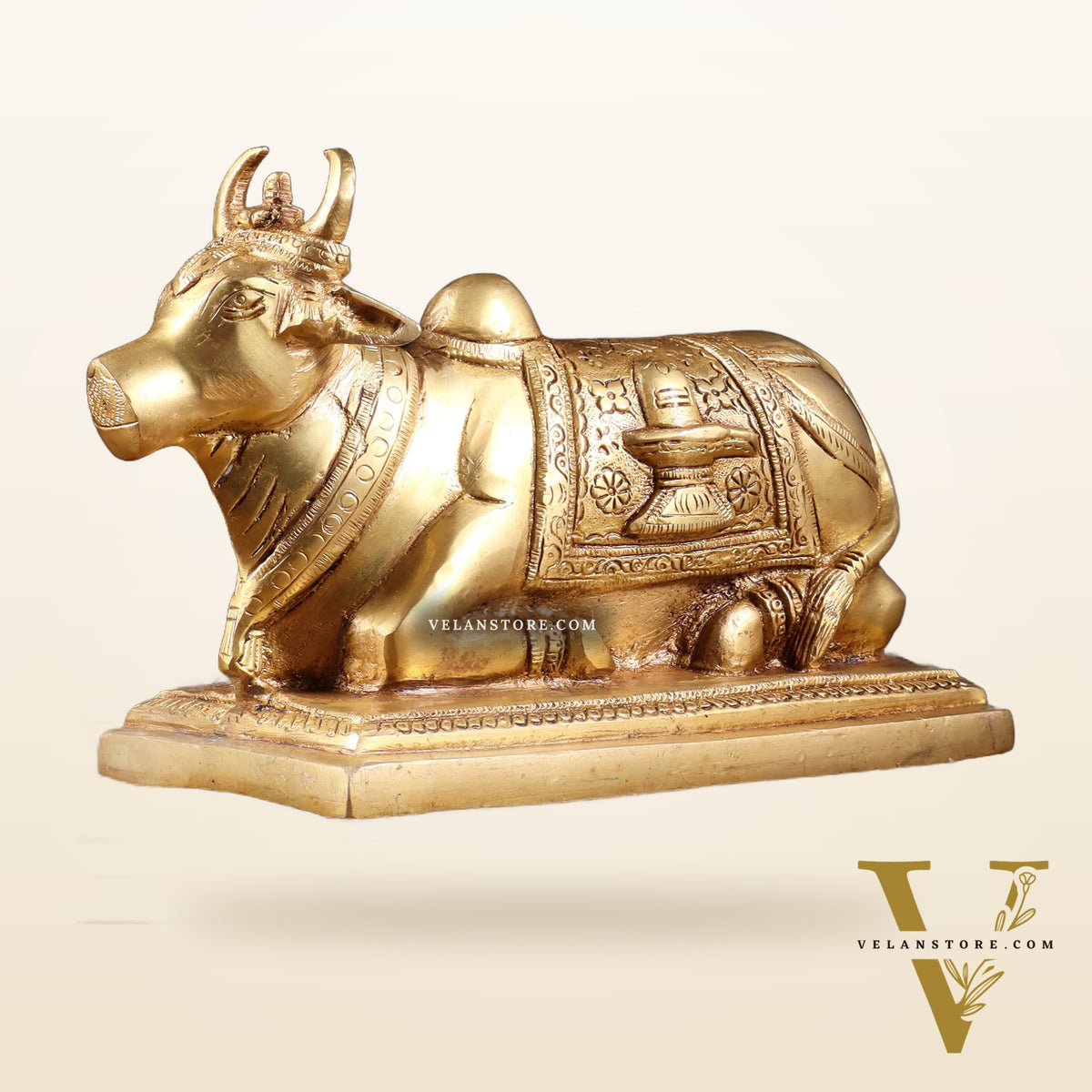 Pure Brass Nandi Statue with Shiva Lingam & Vasuki Carvings – Butter Gold Tone 8.2"