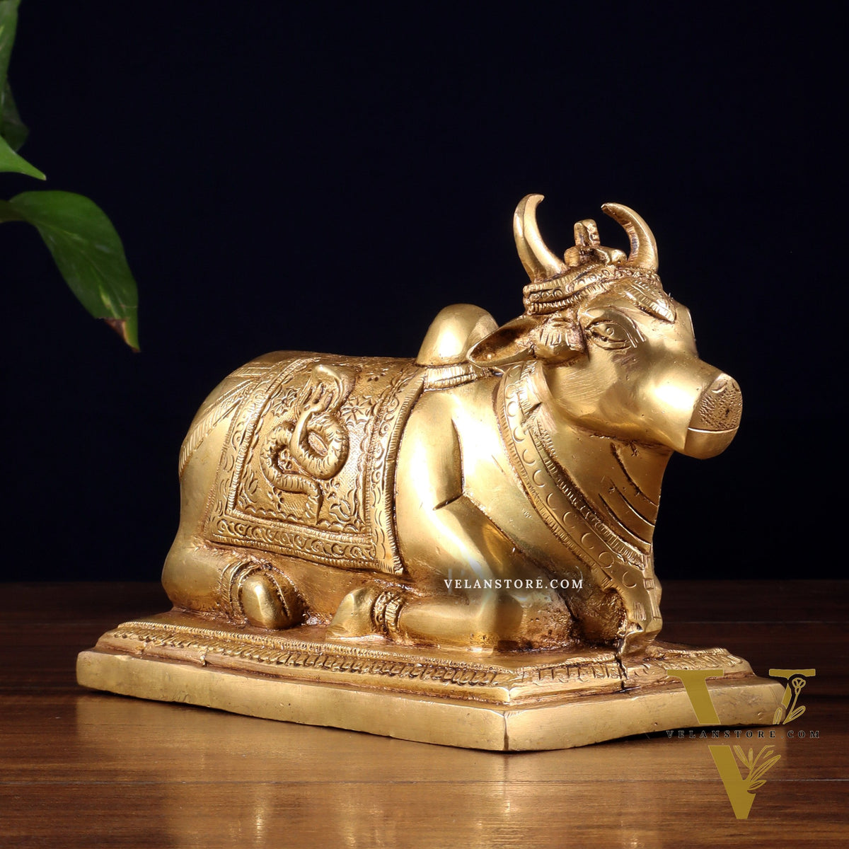 Pure Brass Nandi Statue with Shiva Lingam & Vasuki Carvings – Butter Gold Tone 8.2"