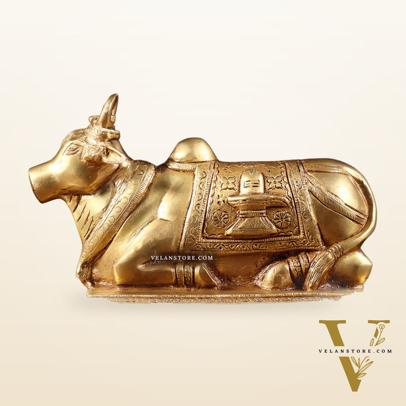 Pure Brass Nandi Statue with Shiva Lingam & Vasuki Carvings – Butter Gold Tone 8.2"