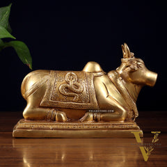 Pure Brass Nandi Statue with Shiva Lingam & Vasuki Carvings – Butter Gold Tone 8.2"