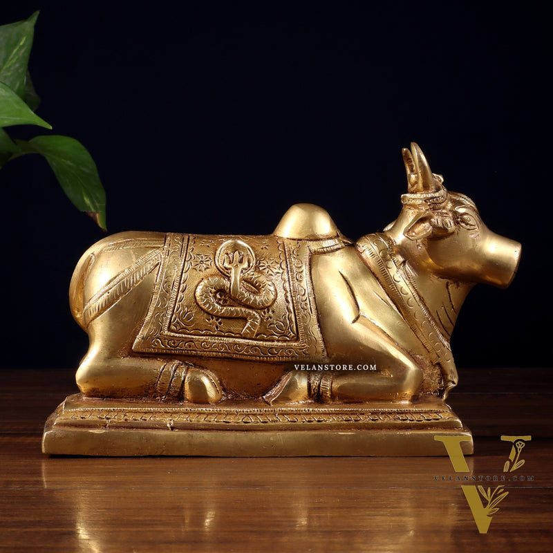 Pure Brass Nandi Statue with Shiva Lingam & Vasuki Carvings – Butter Gold Tone 8.2"