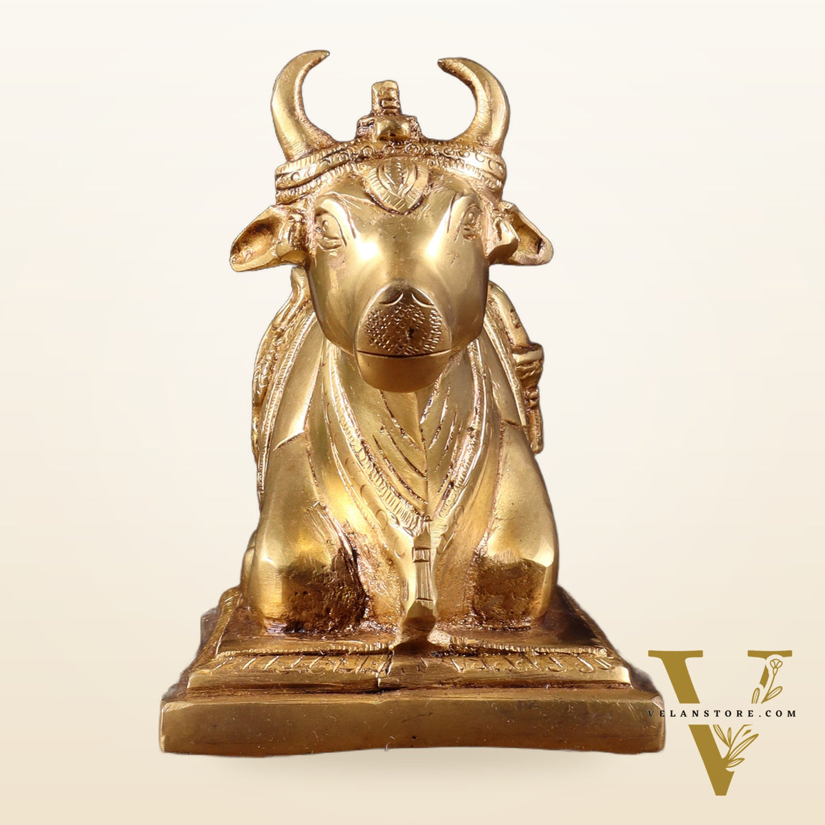 Pure Brass Nandi Statue with Shiva Lingam & Vasuki Carvings – Butter Gold Tone 8.2"