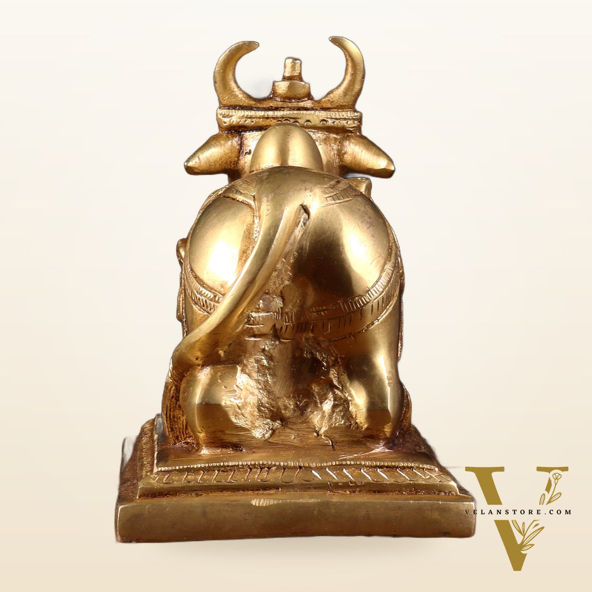 Pure Brass Nandi Statue with Shiva Lingam & Vasuki Carvings – Butter Gold Tone 8.2"