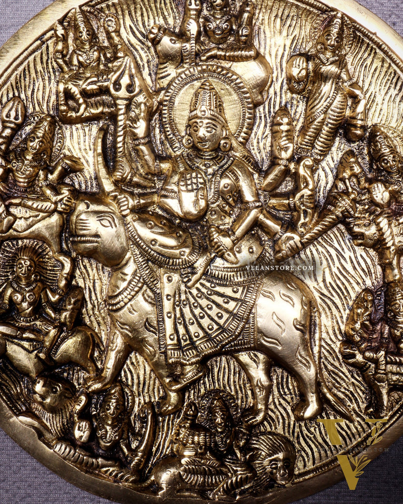 Pure Brass Navdurga Wall Hanging – Round Plate with 9 Forms of Goddess Durga