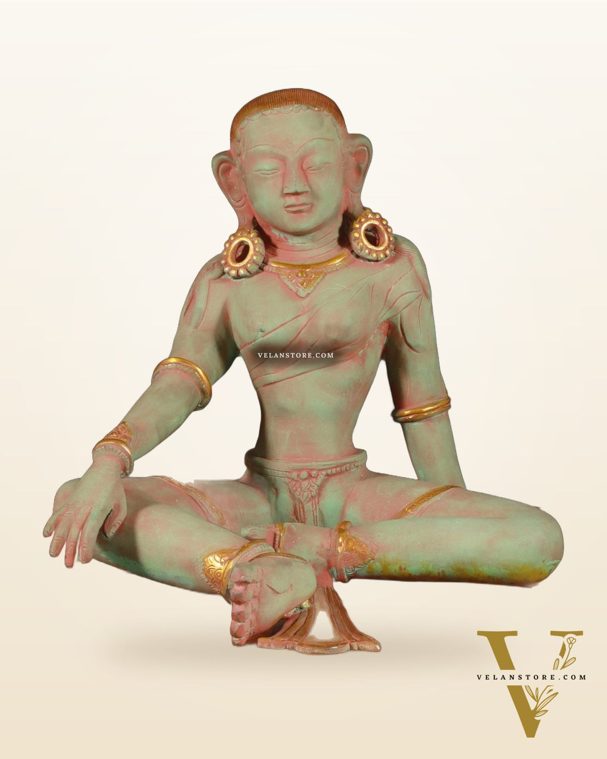 Pure Brass Nepalese Parvati Statue – Green Sand Finish, 12.5 Inch