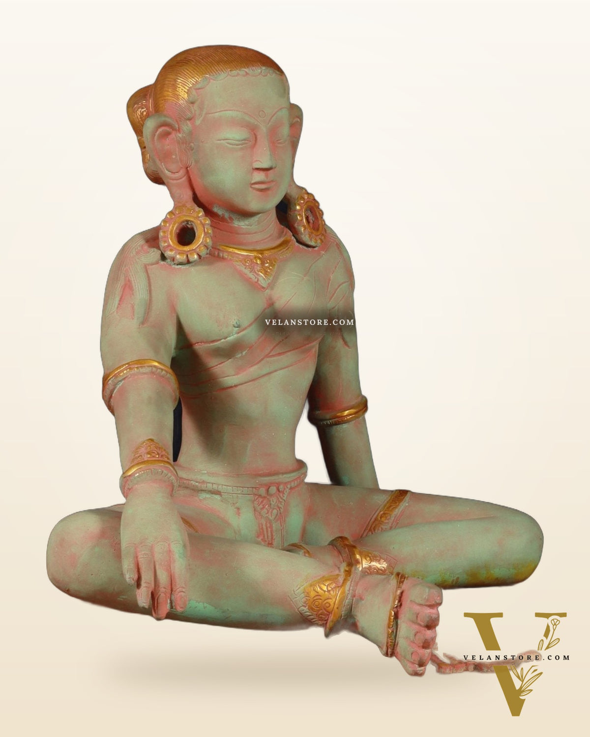 Pure Brass Nepalese Parvati Statue – Green Sand Finish, 12.5 Inch