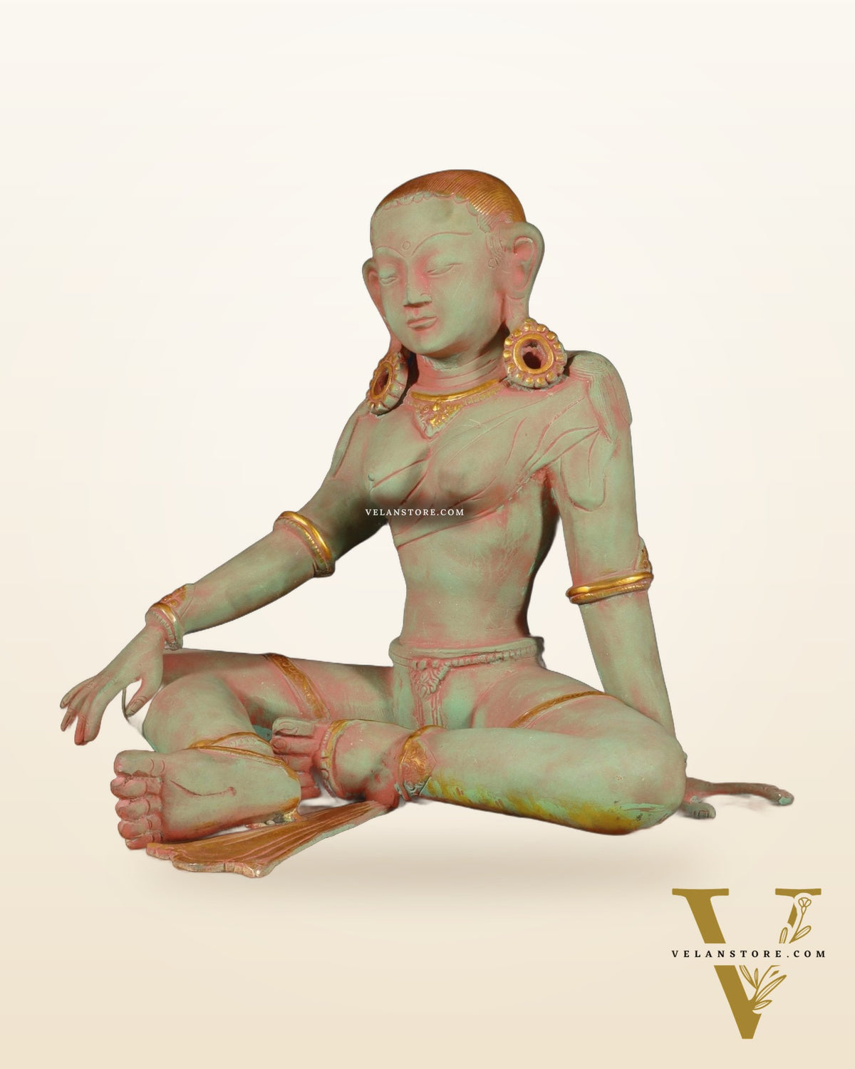 Pure Brass Nepalese Parvati Statue – Green Sand Finish, 12.5 Inch
