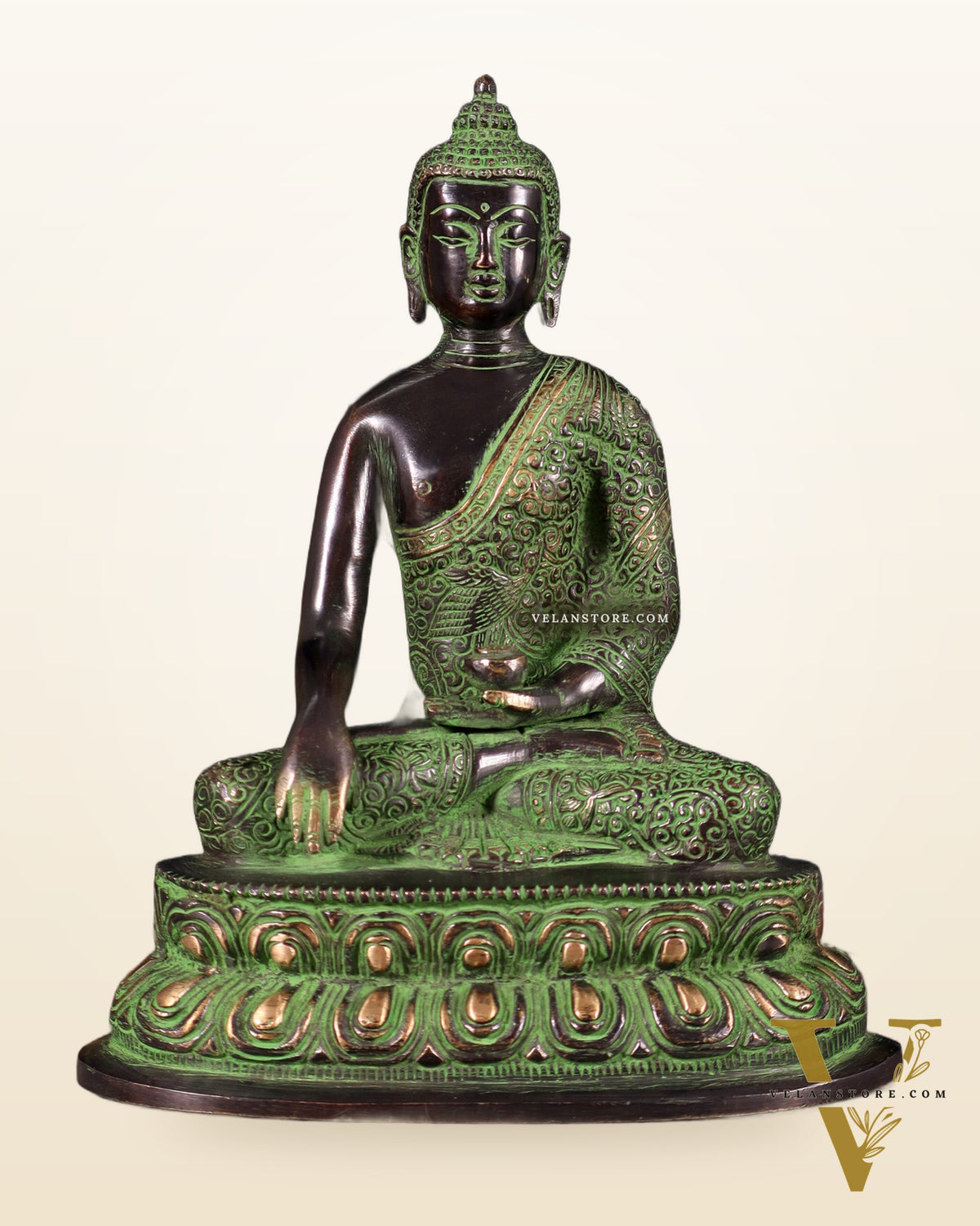 Pure Brass Nirvana Buddha with Carvings – Black & Green Tone | 9"