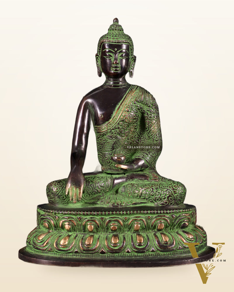 Pure Brass Nirvana Buddha with Carvings – Black & Green Tone | 9"