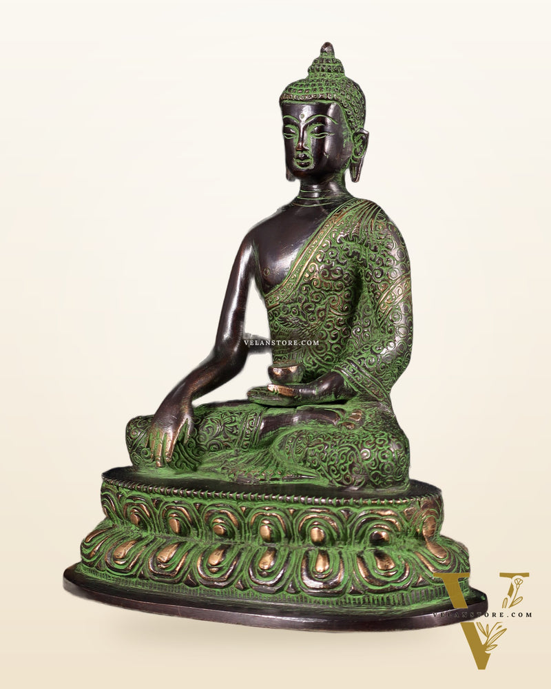 Pure Brass Nirvana Buddha with Carvings – Black & Green Tone | 9"
