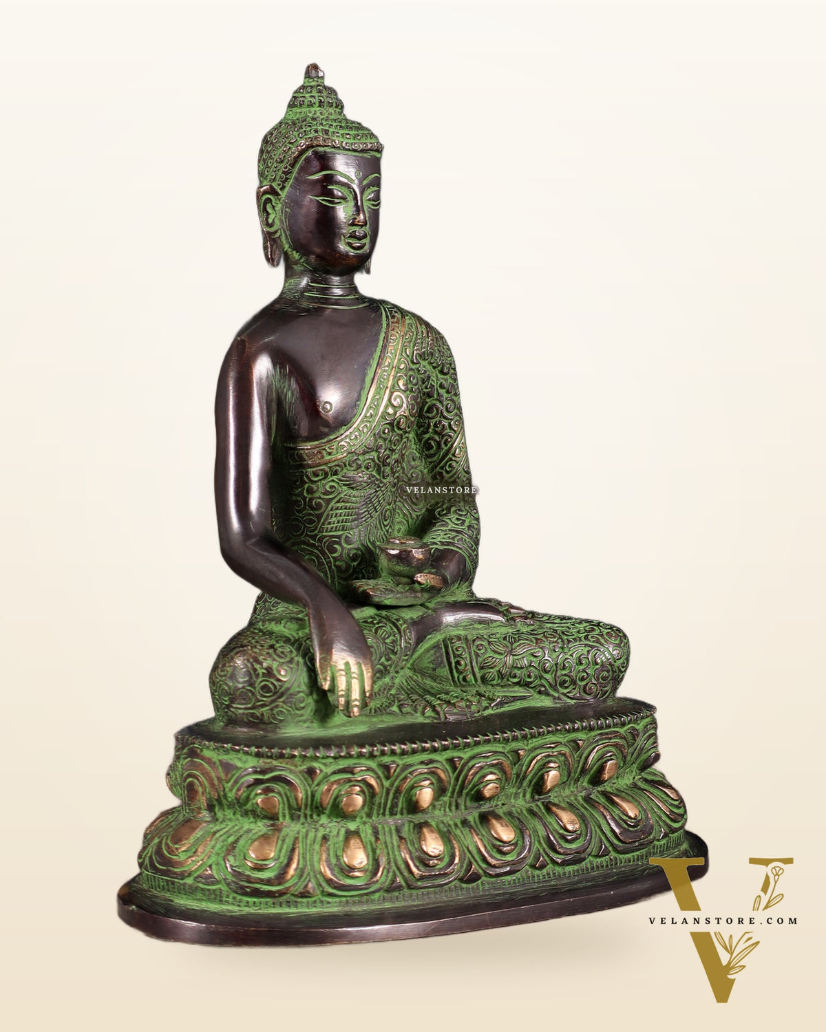 Pure Brass Nirvana Buddha with Carvings – Black & Green Tone | 9"