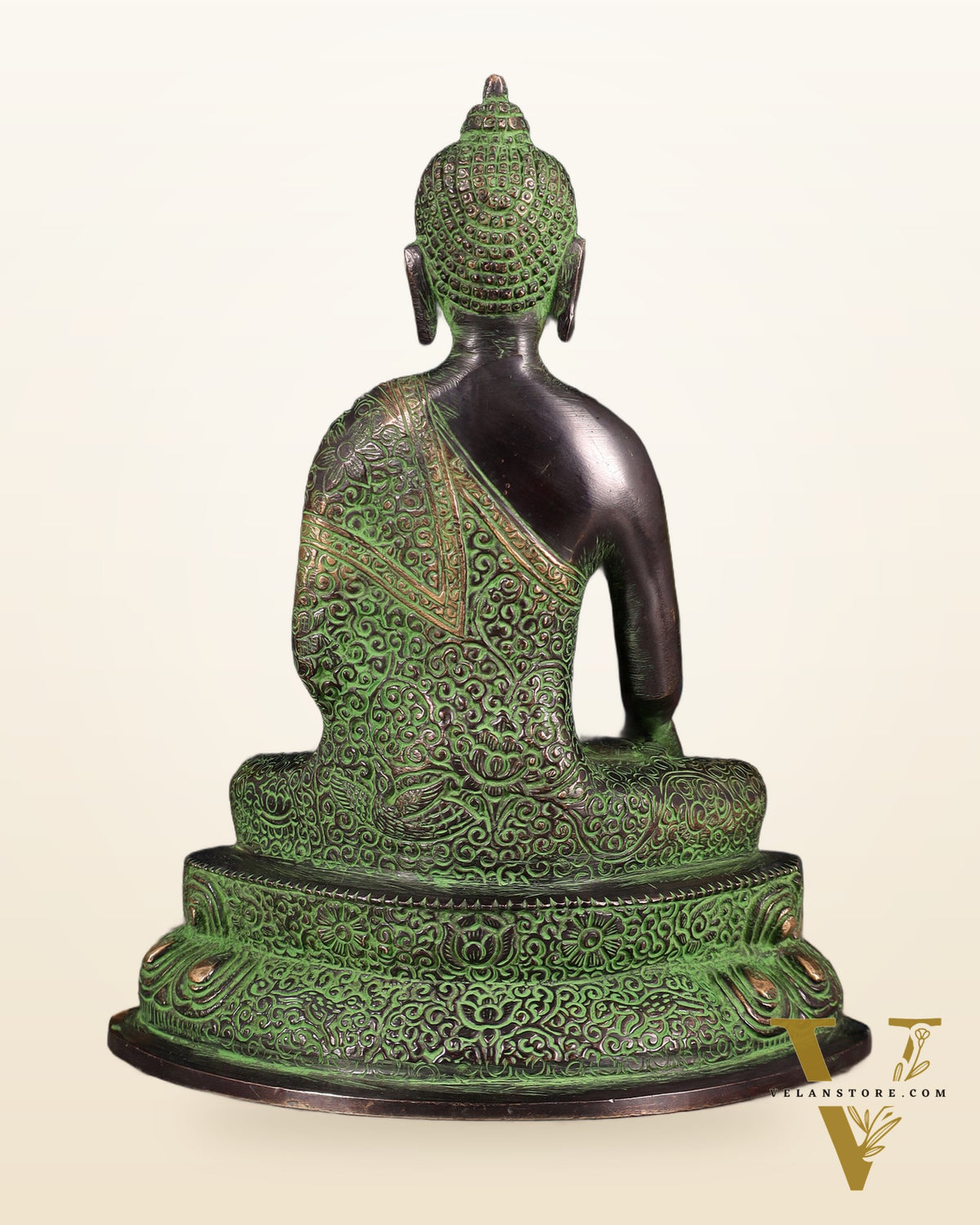 Pure Brass Nirvana Buddha with Carvings – Black & Green Tone | 9"
