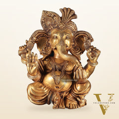 Pure Brass Pagadi Ganapati – Lord Ganesha Wearing a Turban with Enhanced Carvings 18 inch