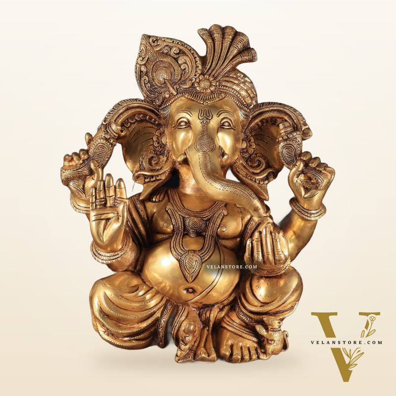 Pure Brass Pagadi Ganapati – Lord Ganesha Wearing a Turban with Enhanced Carvings 18 inch