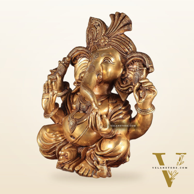 Pure Brass Pagadi Ganapati – Lord Ganesha Wearing a Turban with Enhanced Carvings 18 inch