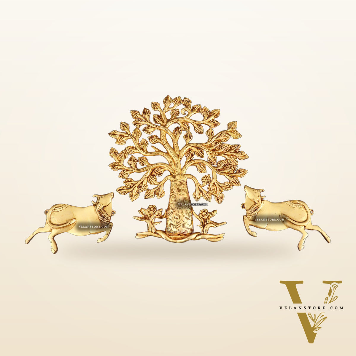 Pure Brass Pair of Cows with Kalpavriksha Wall Hanging – Vastu Approved