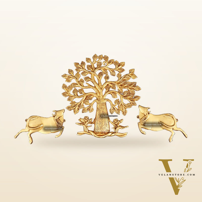 Pure Brass Pair of Cows with Kalpavriksha Wall Hanging – Vastu Approved